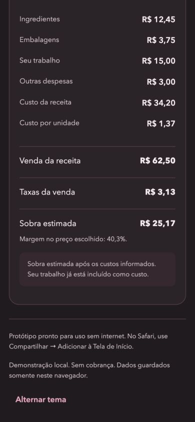 Tela real de resultados: preço sugerido, custos e sobra estimada da receita de exemplo